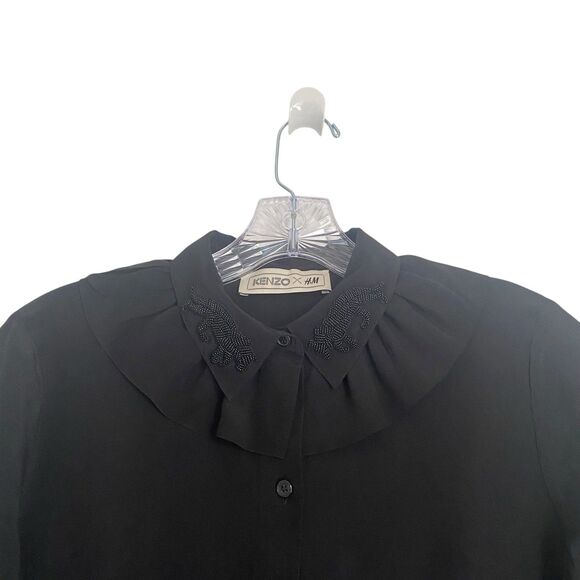Kenzo x H&M Silk Blouse XS Black Beaded Ruffled Goth Dark Romantic Whimsigoth - Picture 4 of 12
